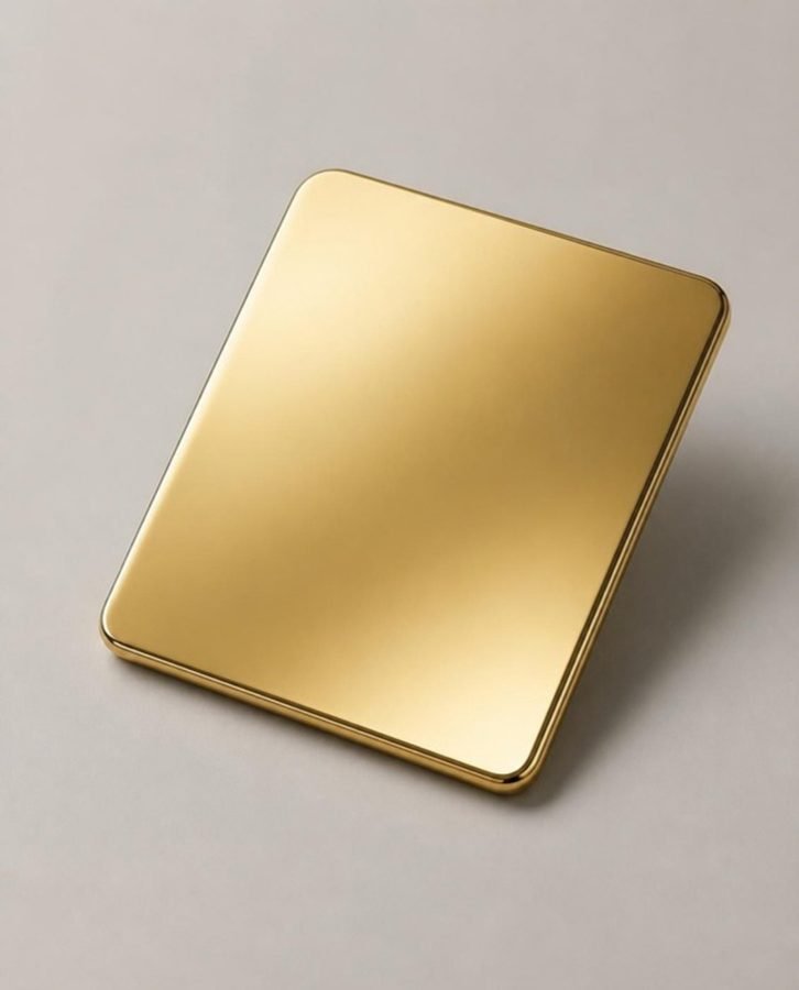 Gold PVD on mirror stainless steel: studio visual of a sample plate