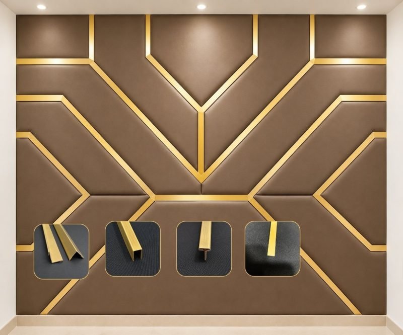 Geometric feature wall with gold metal trim profiles.