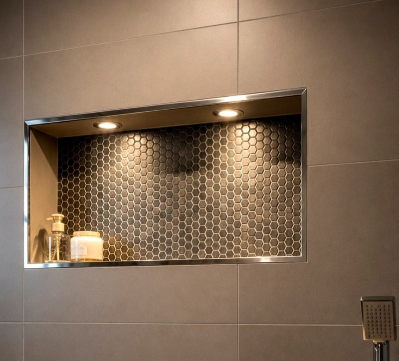 Bathroom wall niche framed in a stainless steel edge profile with a hexagon mosaic back