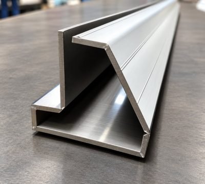 Custom architectural profile with a stepped channel, brushed stainless steel