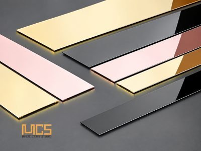 Illustration: flat patti strips in rose gold, brass and black finishes — Flat Patti · Architectural Profiles