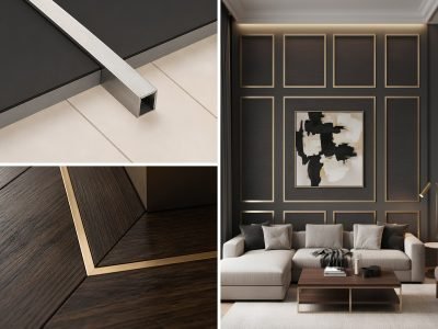 U and C profile in use: brass inlay in timber flooring and a panelled wall