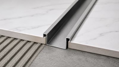 Tile highlighter strips in brushed stainless steel set flush between marble tiles