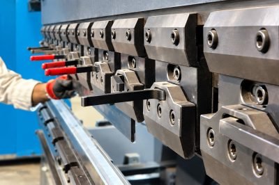 Operator locking the punch tooling into the CNC press brake