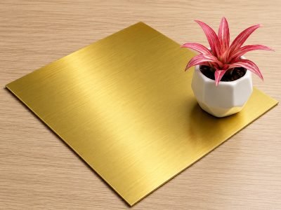 Gold hairline finish stainless steel sheet on a table
