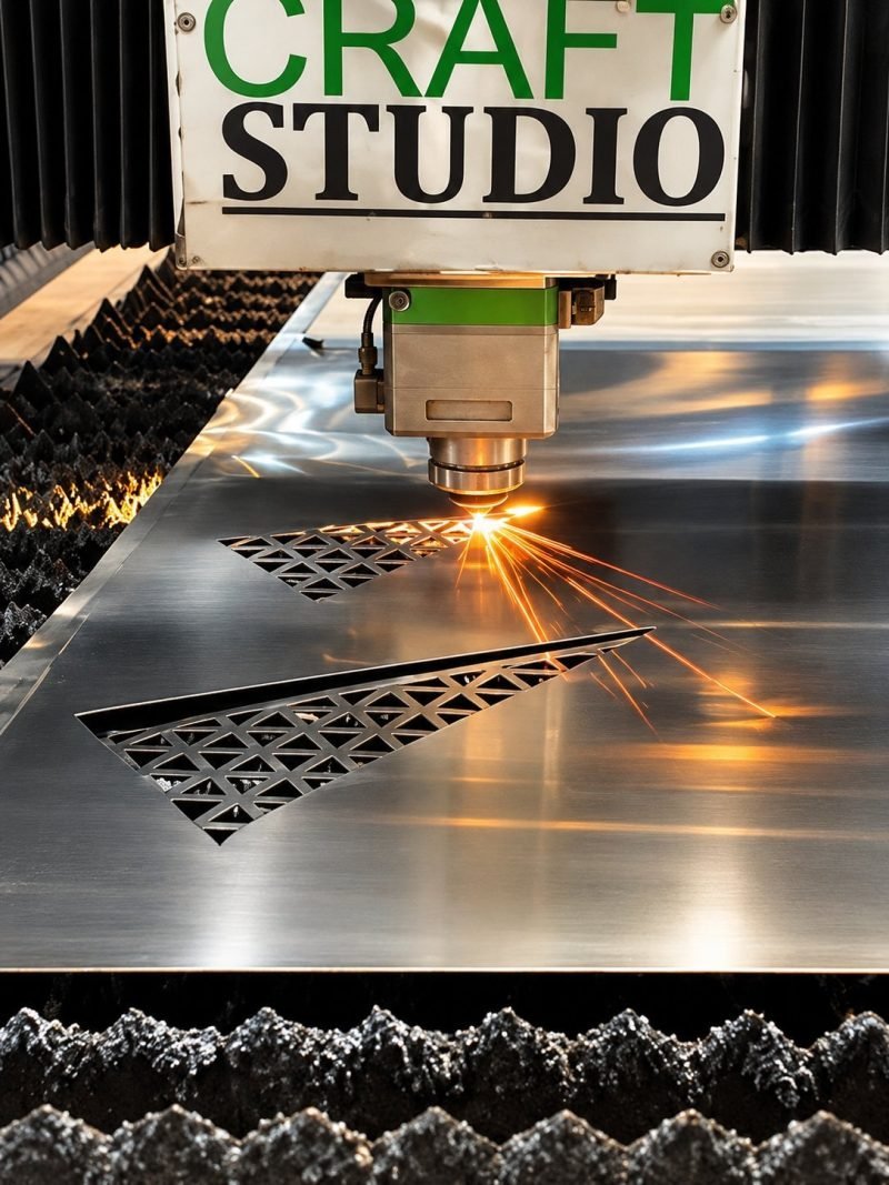 Fibre laser cutting a stainless steel sheet, sparks at the cut