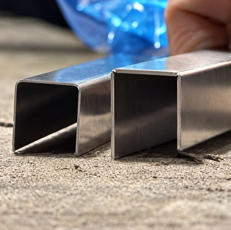 Square stainless steel tube sections with sharp V-grooved corners