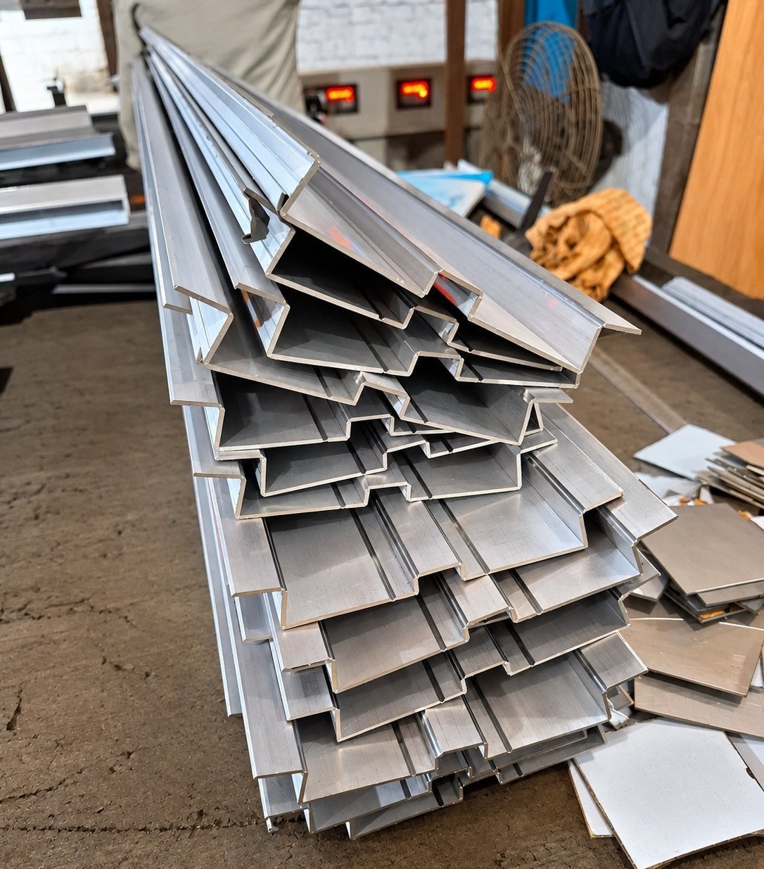 Stack of V-grooved and folded stainless steel sections