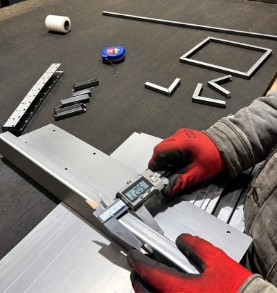 Measuring a prototype sheet metal part with a vernier caliper — Prototype Development · Custom Fabrication