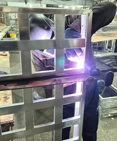 Welding a metal ceiling grid at the workshop, prototype — Prototype Development · Custom Fabrication