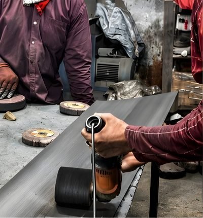 Finishing a stainless steel profile on the belt polisher at the MCS workshop — Prototype Development · Custom Fabrication