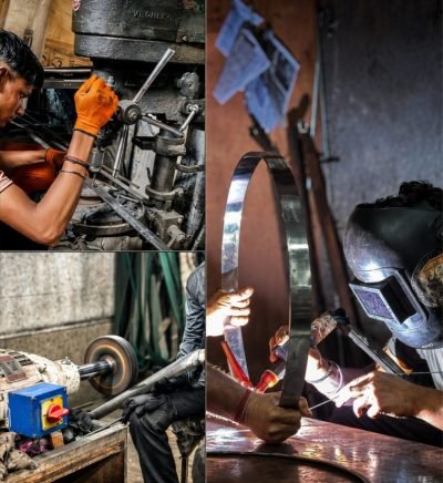 Workshop collage: welding, polishing and profile fabrication at MCS — Prototype Development · Custom Fabrication