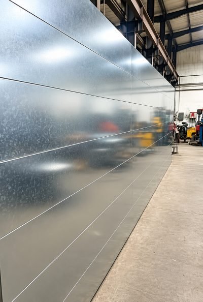 Illustration: interlocking panels in galvanised finish at the workshop