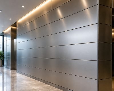 Inter-lock wall cladding in brushed stainless steel with lighting, installed