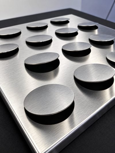 Metal coin façade panel with raised stainless steel discs