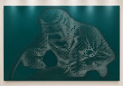 Perforated façade panel with a picture-perforated motif, teal finish