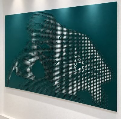 Picture-perforated façade panel in teal on a white wall — Perforated Façade Panels · Façade Systems