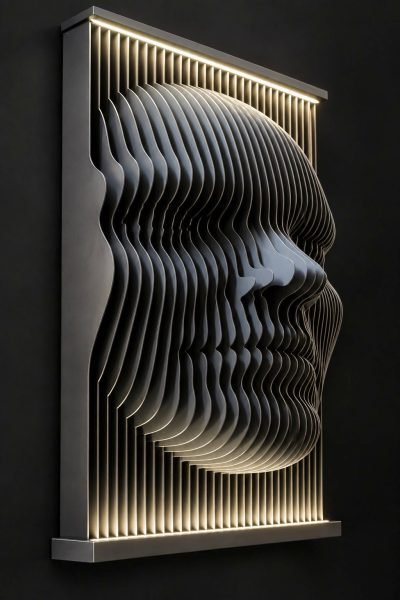Parametric face panel in layered fins, side lit