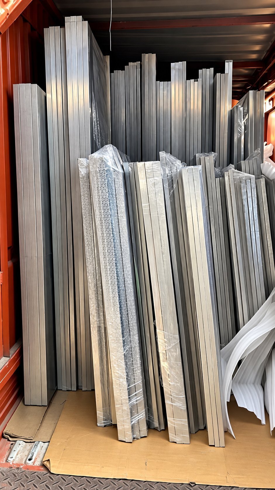 Stainless steel sections stacked in the store, ready for dispatch