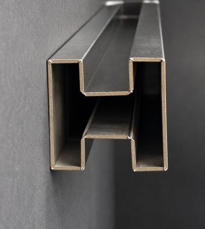 H partition profile in brushed stainless steel, end view