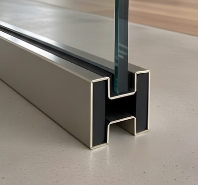 Illustration of an H partition profile holding a glass panel — H Partition Profile · Glass Systems