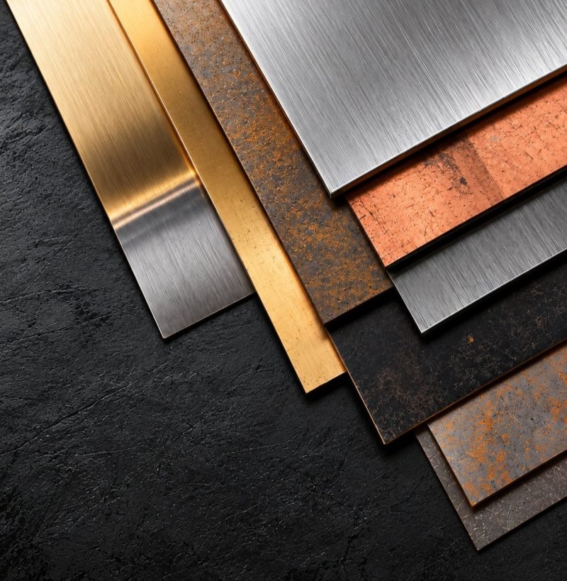 Metal sheet samples in brushed stainless, brass, copper and patina finishes, fanned out