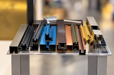 Architectural profiles in blue, copper, gold and black finishes on a display stand