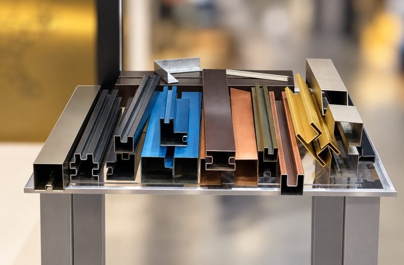 Architectural profiles in blue, copper, gold and black finishes on a display stand
