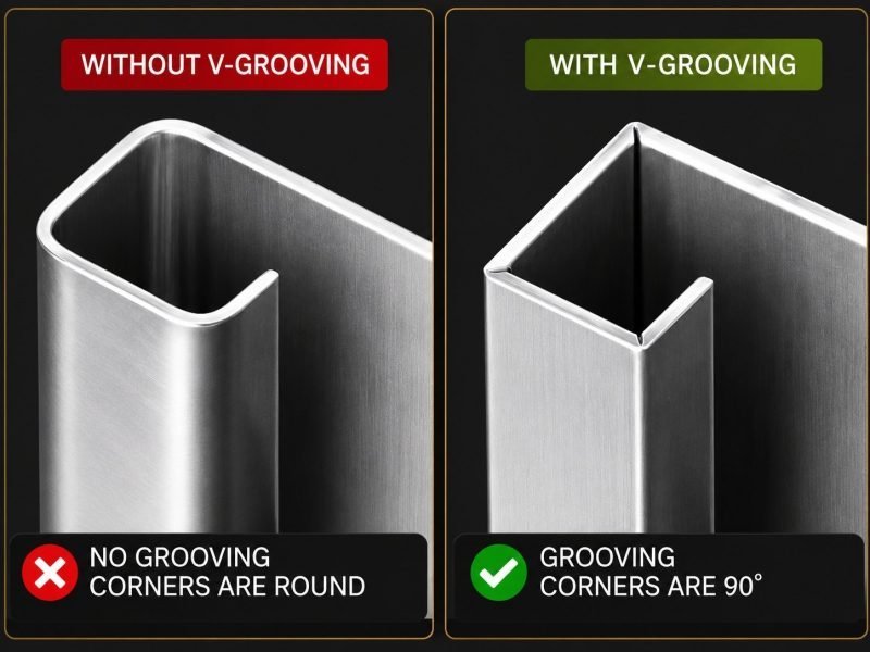 Comparison: without V-grooving a folded profile has round corners, with V-grooving the corners are a sharp 90°