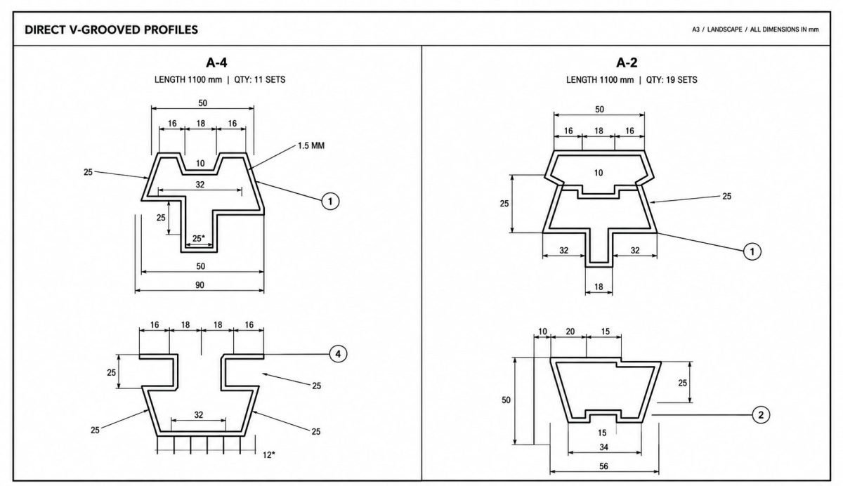 Drawing sheet of direct V-grooved profile sections with dimensions