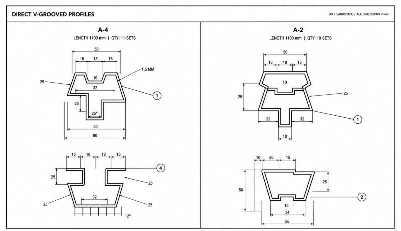 Drawing sheet of direct V-grooved profile sections with dimensions