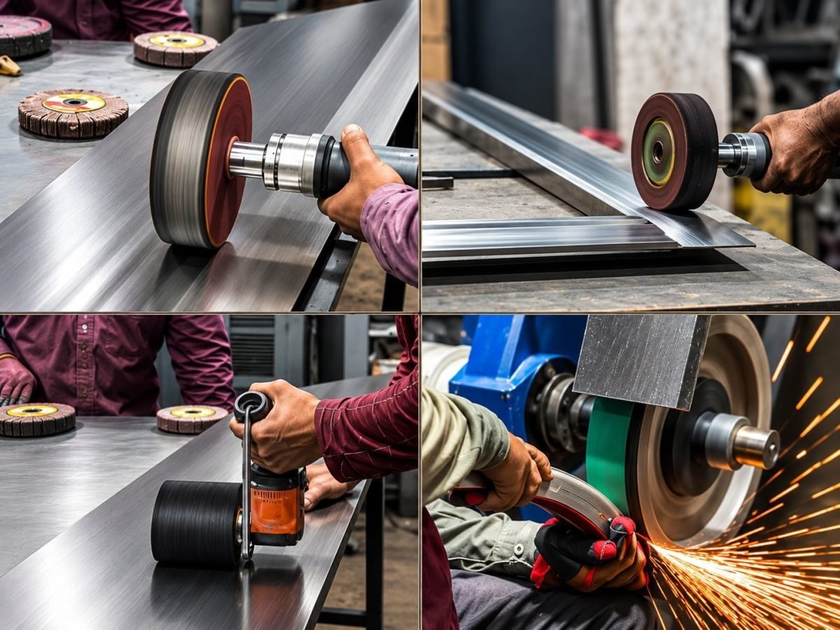 Buffing and grinding stainless steel sections by hand, four views
