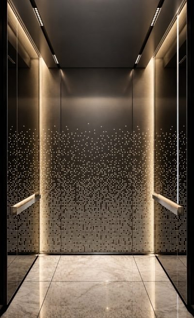 Lift interior in patterned stainless steel with a mirror ceiling