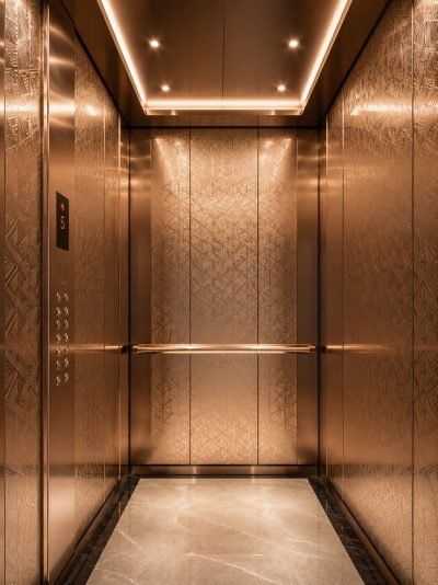 Illustration: lift interior in copper finish with a mirror ceiling — Elevator Interior Panels · Lift Solutions