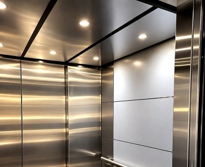 Lift ceiling panel in brushed stainless steel with lighting
