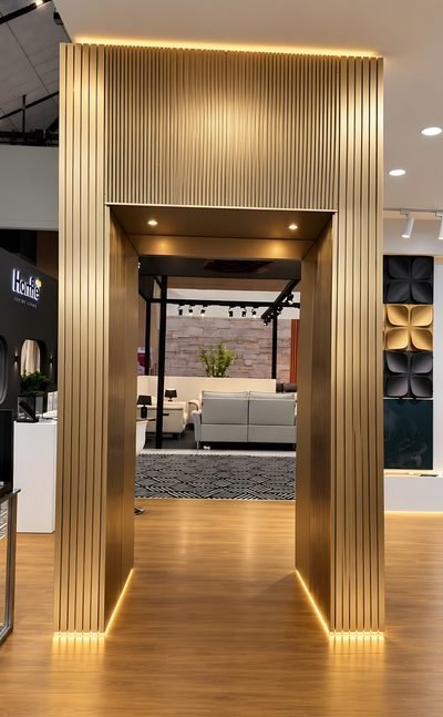 Lift cladding portal in brushed brass finish, front view