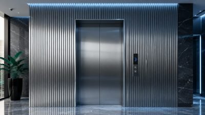 Illustration: lift cladding with fluted panels in stainless steel — Lift Cladding · Lift Solutions