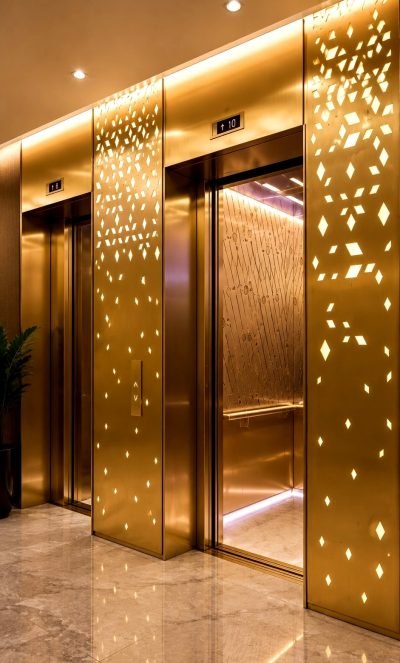 Illustration: lift cladding in brass finish with a perforated pattern — Lift Solutions