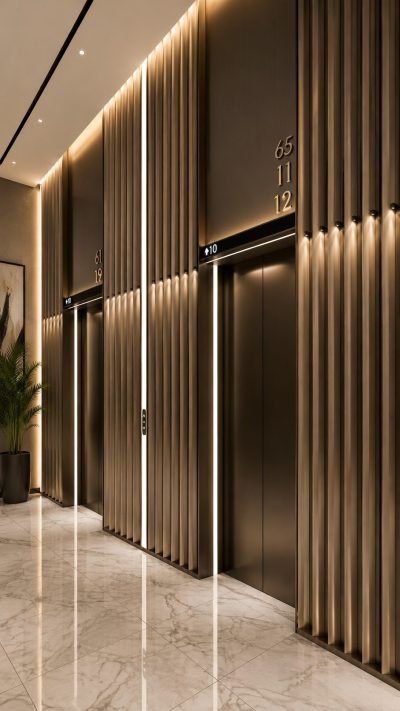Illustration: lift cladding with fluted panels in bronze finish