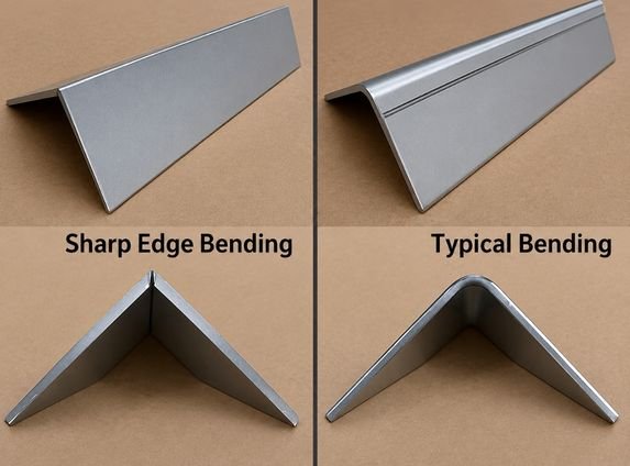 V-grooved bend showing a sharp near-zero-radius external corner on a stainless steel angle profile