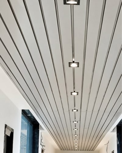 Linear metal ceiling planks with lighting, installed — Ceiling Panels · Metal Ceilings