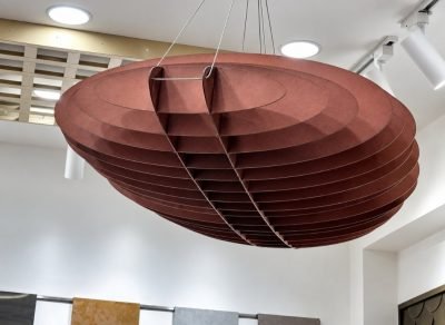 Maroon layered feature ceiling element in an office — Feature Ceiling · Metal Ceilings