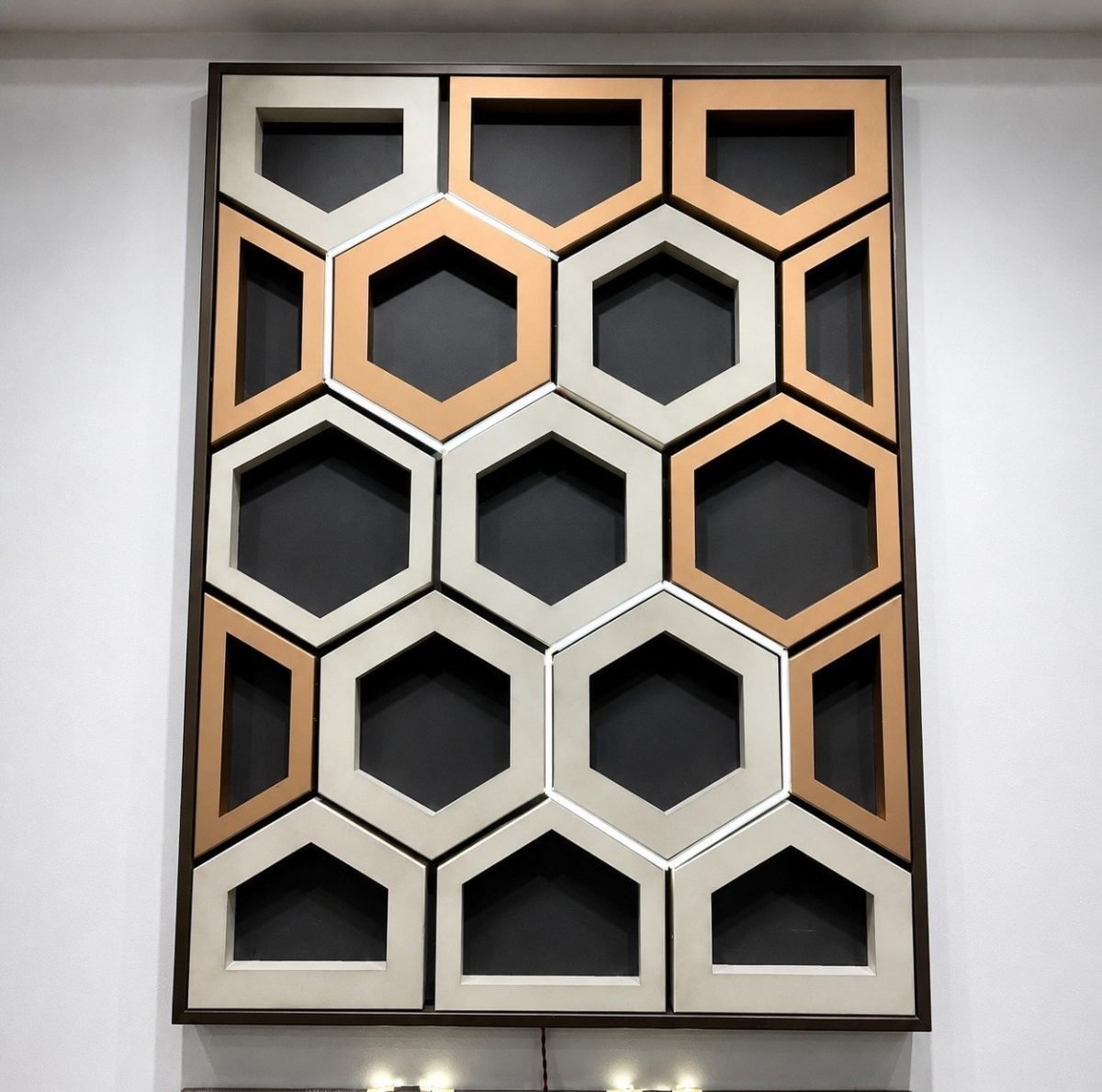 Honeycomb ceiling panel with hexagon cells in bronze and champagne finishes