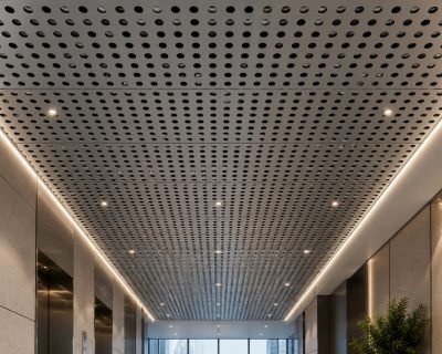 Perforated metal ceiling panels along a lobby corridor
