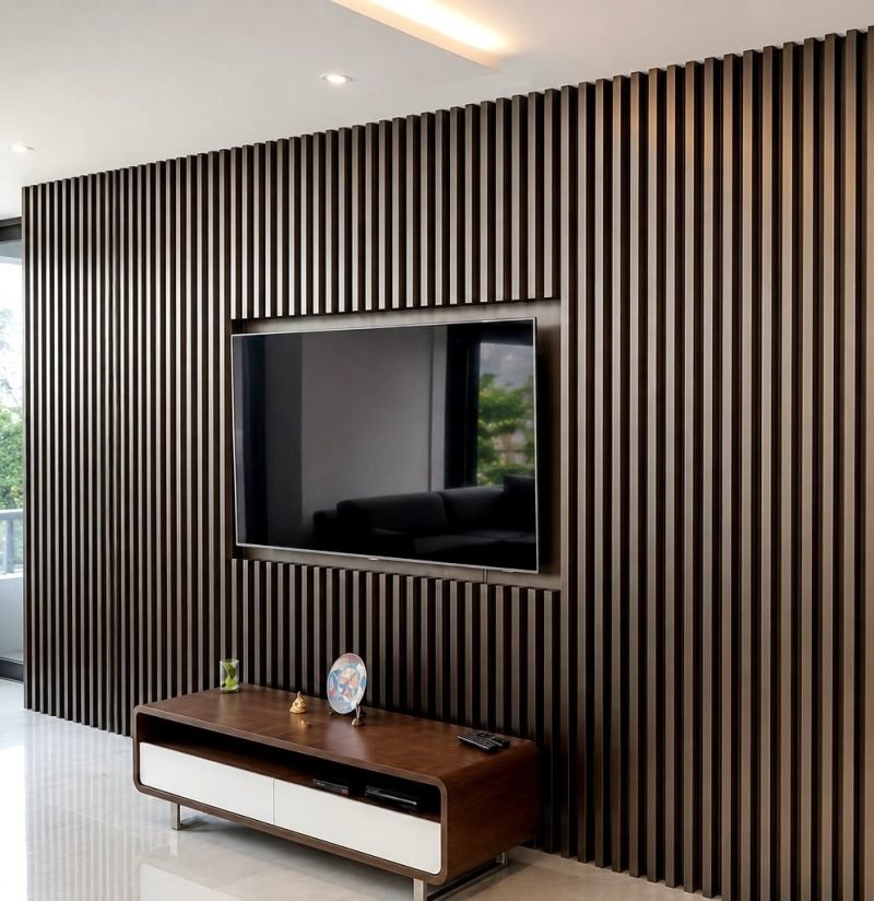 Illustration: dark fluted metal slat wall around a recessed TV panel in a living room