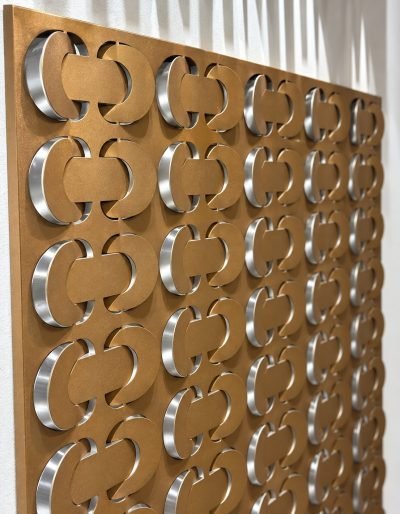 3D coin shingles in brass finish, wall panel