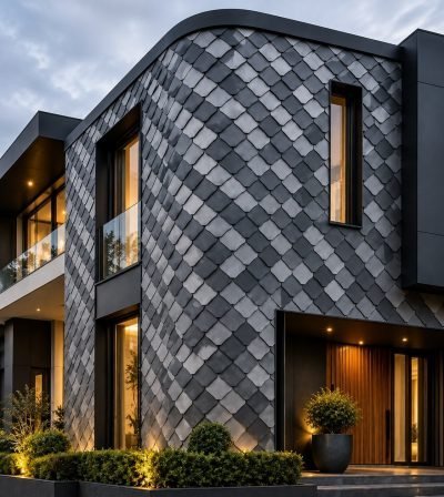 Diamond shingle cladding on a house exterior, second view