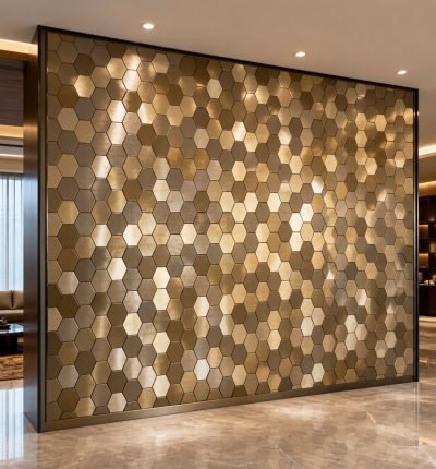 Hexagonal shingles in mixed bronze and brass finishes, feature wall