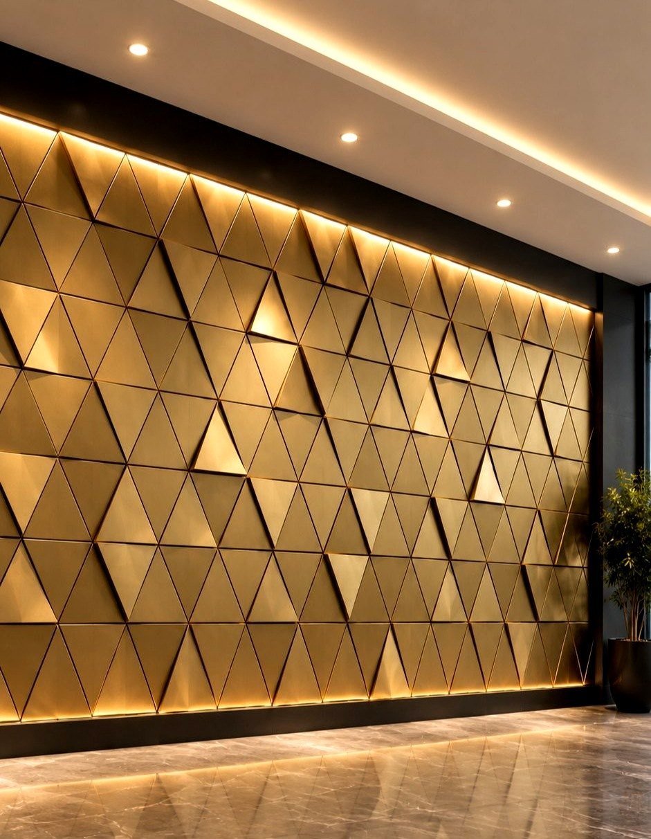 Triangular metal shingles in bronze finish, backlit wall
