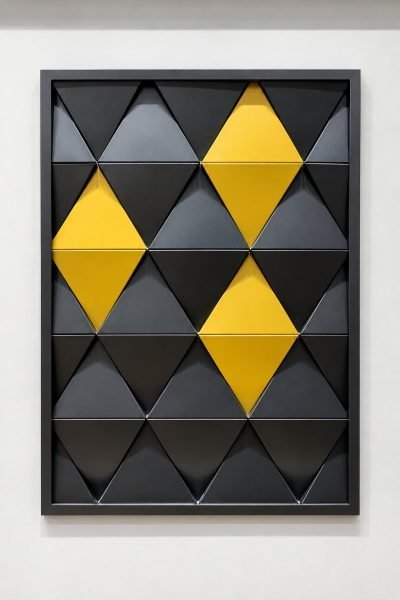 Triangular metal shingles in black and yellow, framed sample